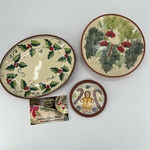 Jan Hoyman Studio Holiday Pottery Set Holly Platter Pine Bowl Gingerbread Plate